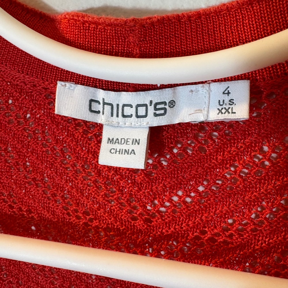 Chicos Red Chevron Pointelle Open Front Tassel Cardigan Sweater Size XXL - Picture 4 of 7